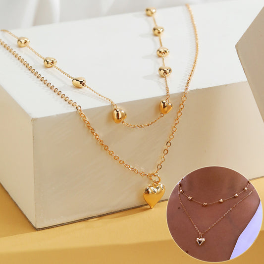 Double-layer Heart Pendant Fine Chain Necklace For Women Multilayer Gold Color Metal Necklaces Fashion Jewelry Accessories